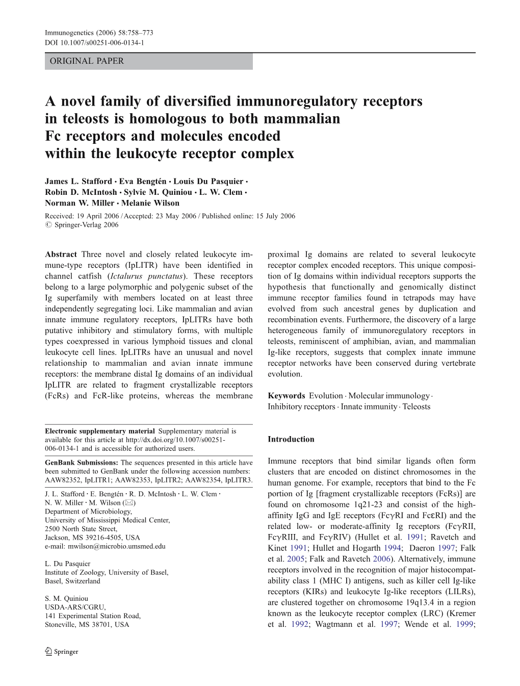 A Novel Family of Diversified Immunoregulatory Receptors In