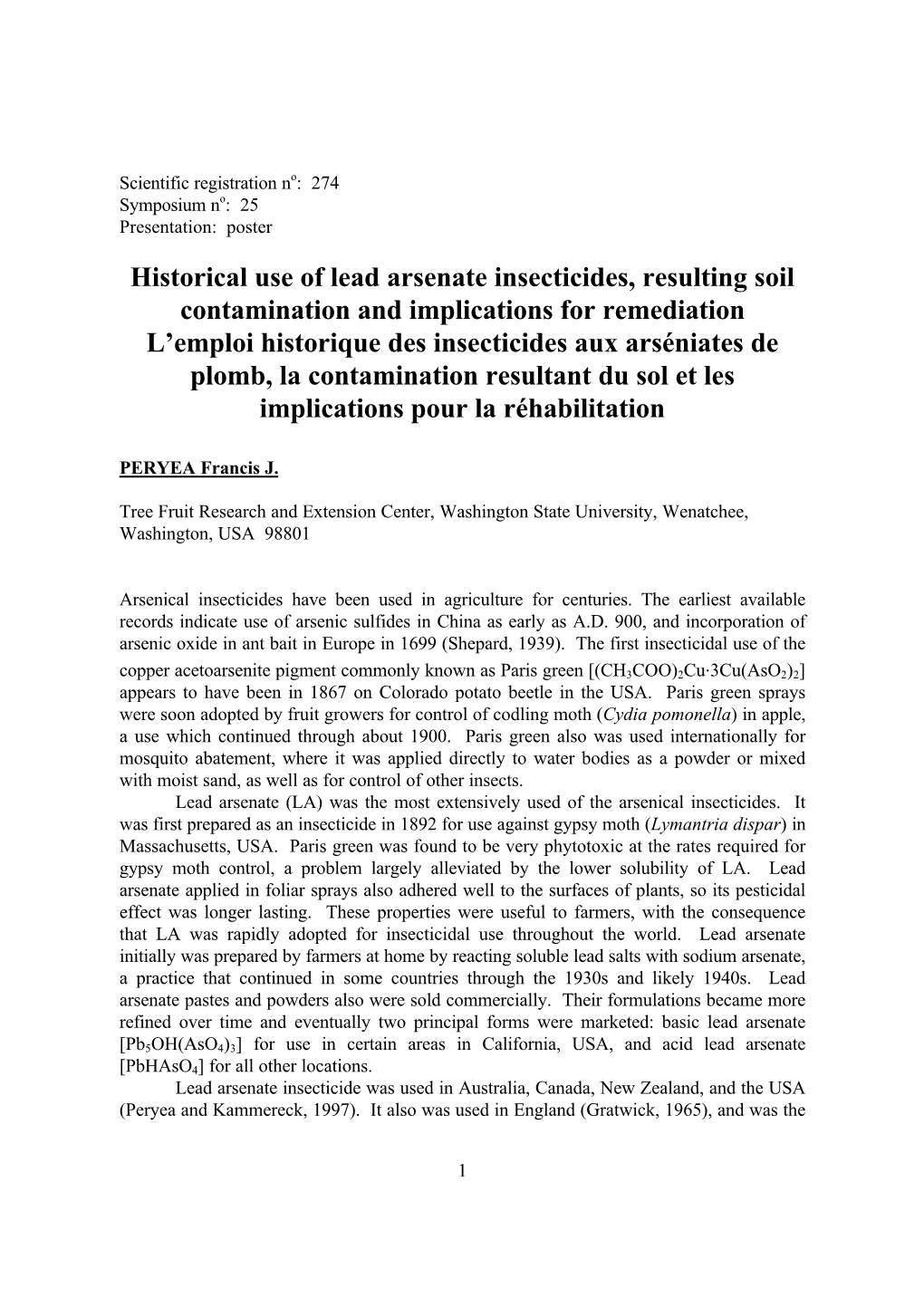 Historical Use of Lead Arsenate Insecticides, Resulting Soil