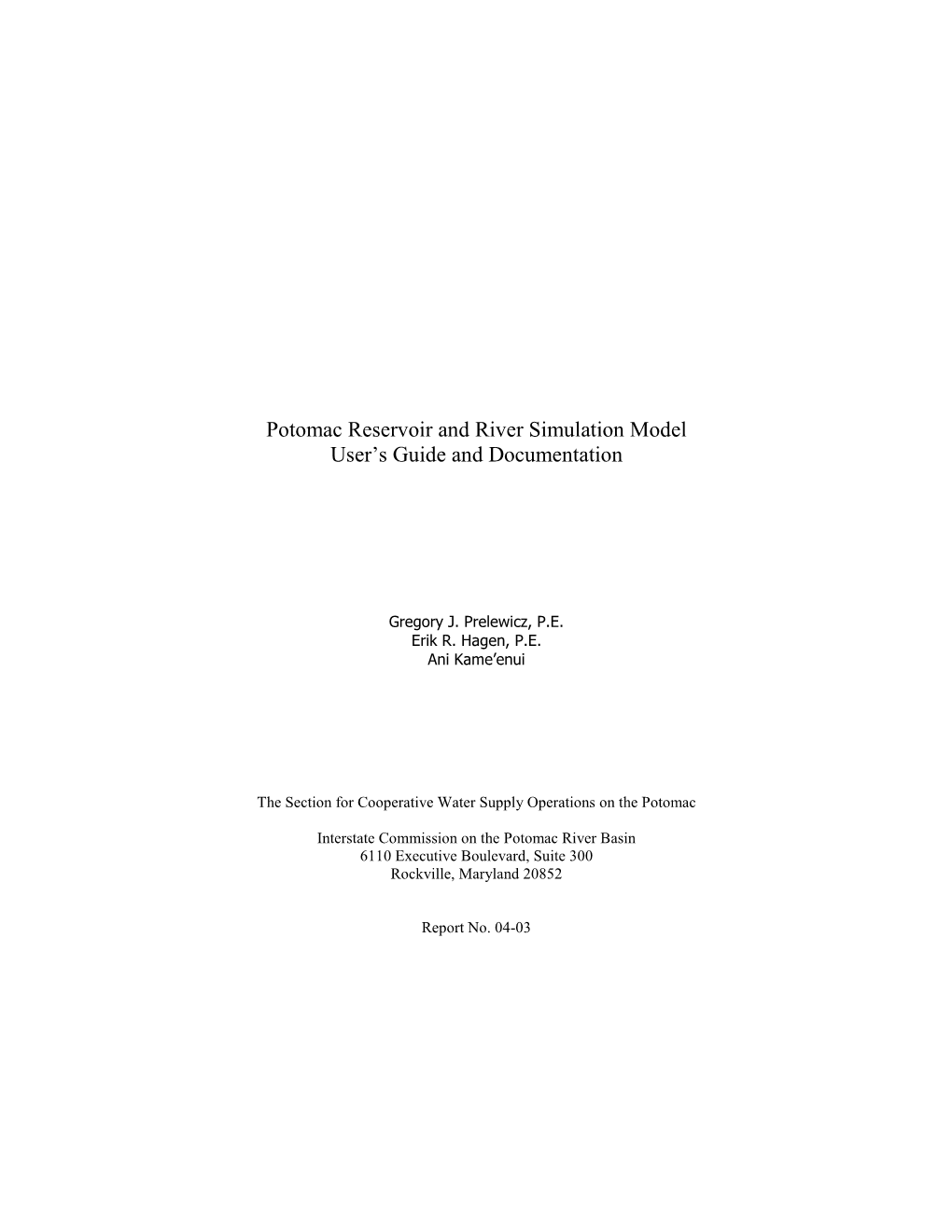 Potomac Reservoir and River Simulation Model User's Guide and Documentation