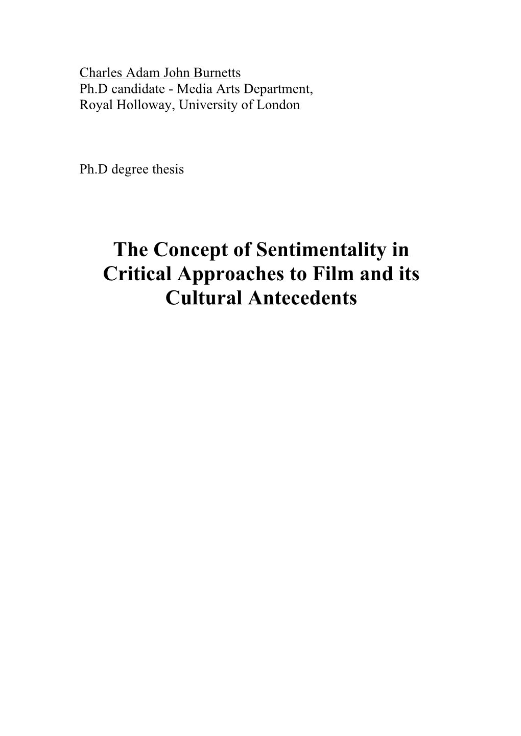 The Concept of Sentimentality in Critical Approaches to Film and Its Cultural Antecedents