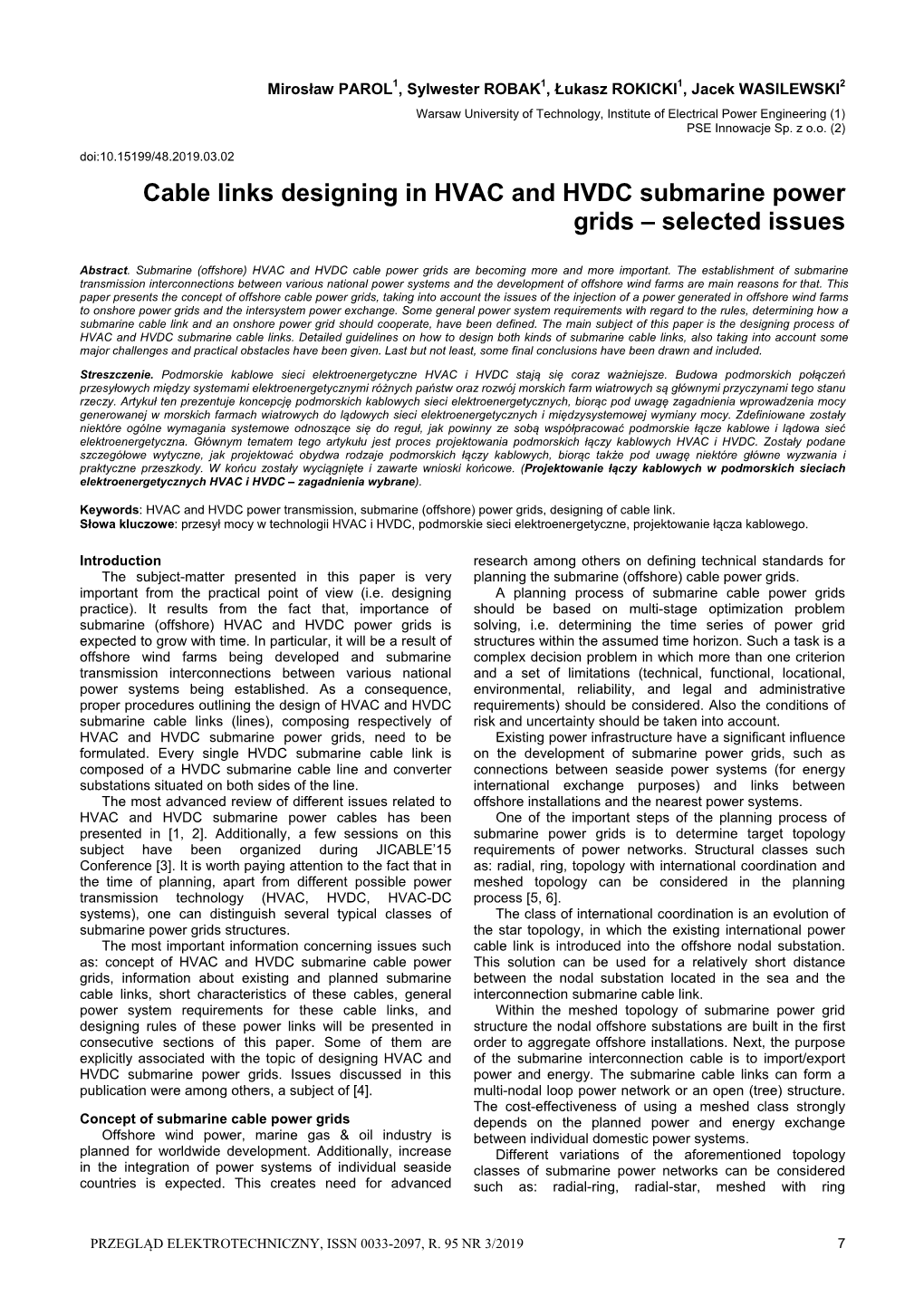 Cable Links Designing in HVAC and HVDC Submarine Power Grids – Selected Issues