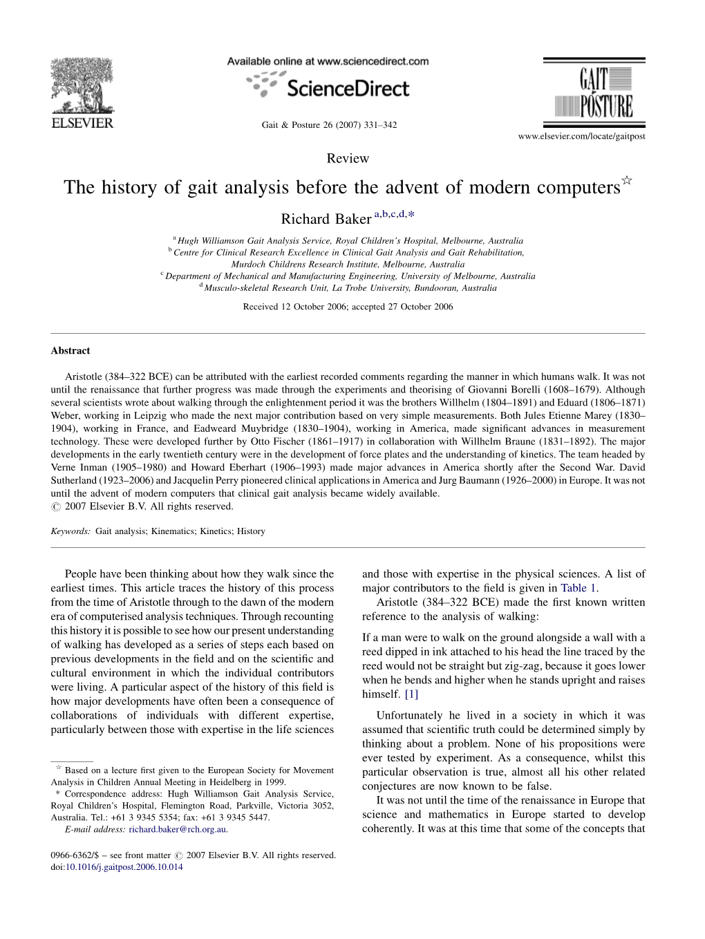 The History of Gait Analysis Before the Advent of Modern Computers§