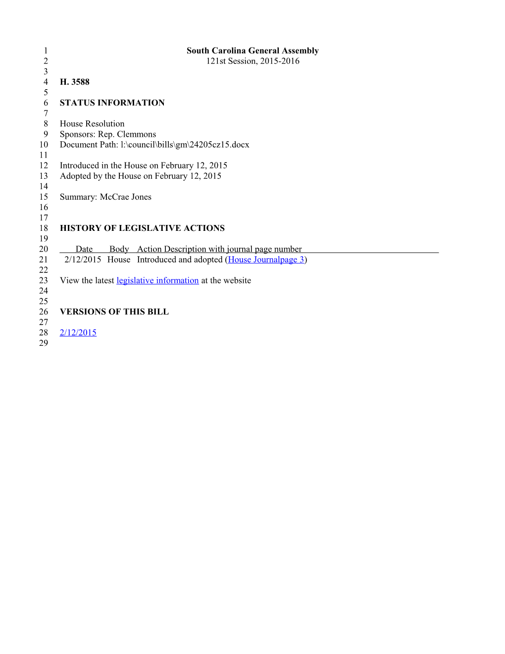 2015-2016 Bill 3588: Mccrae Jones - South Carolina Legislature Online