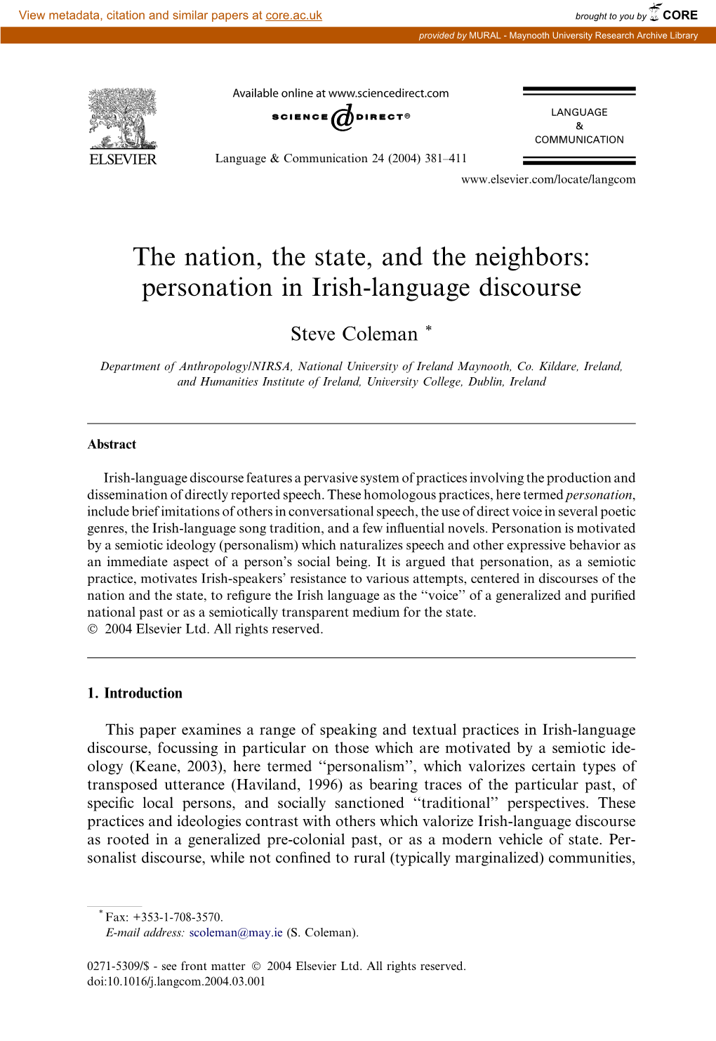 Personation in Irish-Language Discourse