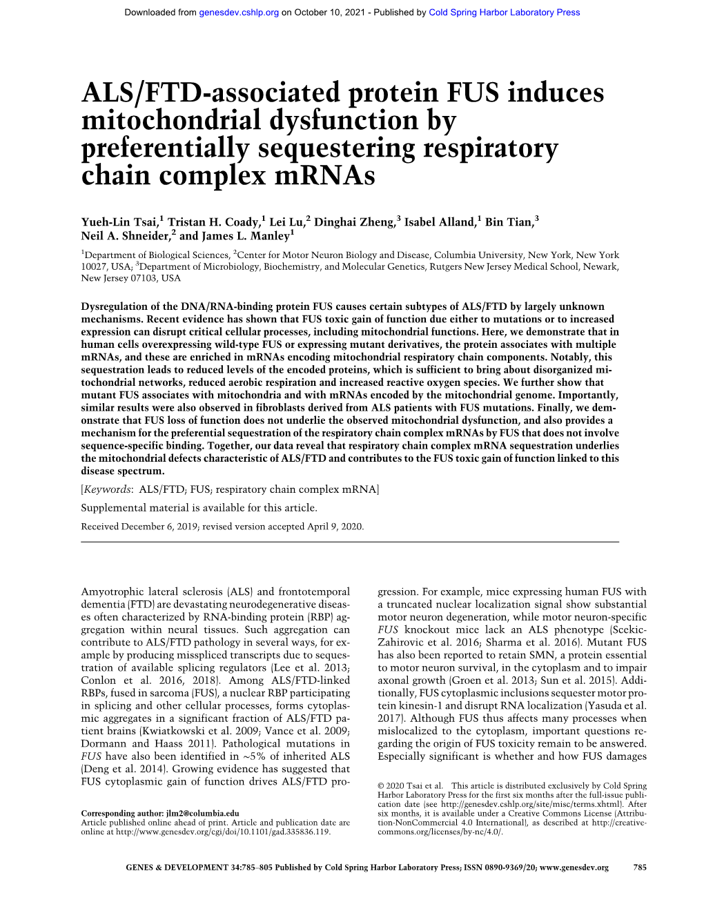 ALS/FTD-Associated Protein FUS Induces Mitochondrial Dysfunction by Preferentially Sequestering Respiratory Chain Complex Mrnas