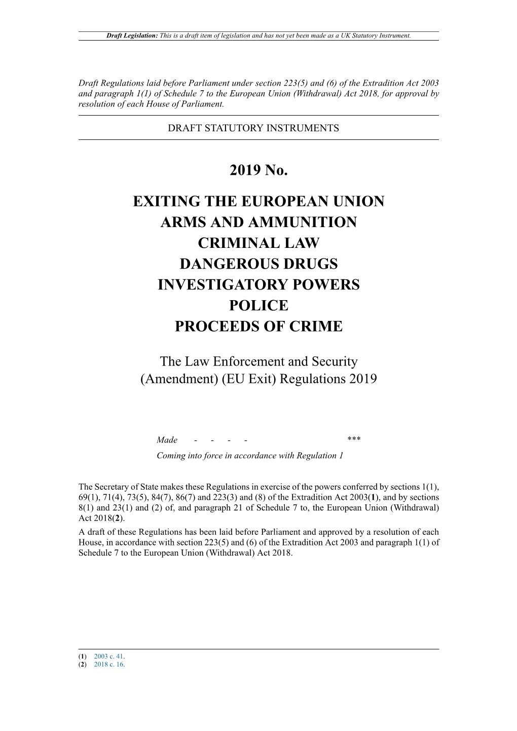 The Law Enforcement and Security (Amendment) (EU Exit) Regulations 2019