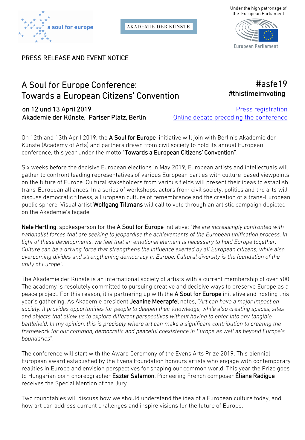 A Soul for Europe Conference: #Asfe19 Towards a European Citizens’ Convention #Thistimeimvoting on 12 Und 13 April 2019 Press Registration