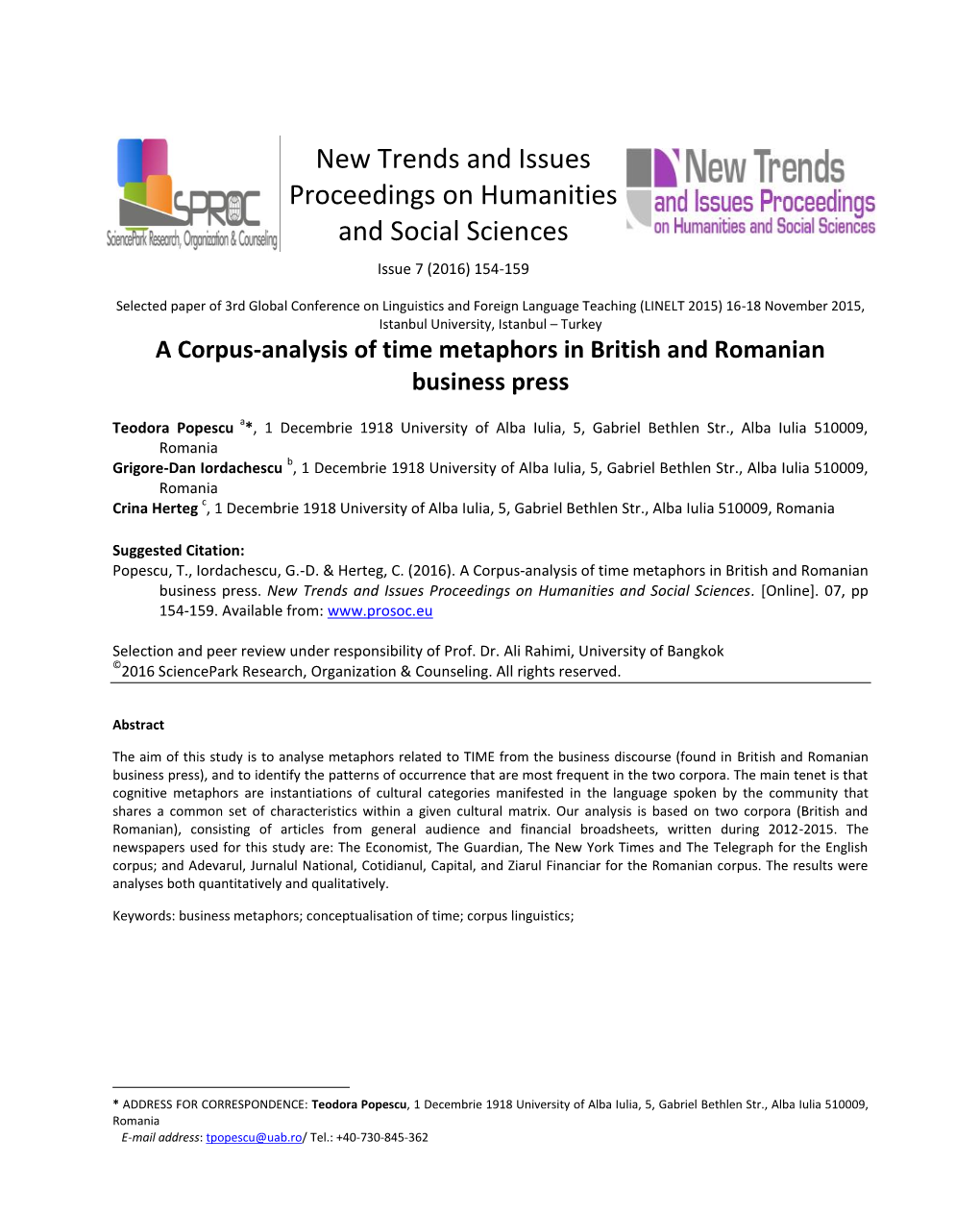 A Corpus-Analysis of Time Metaphors in British and Romanian Business Press