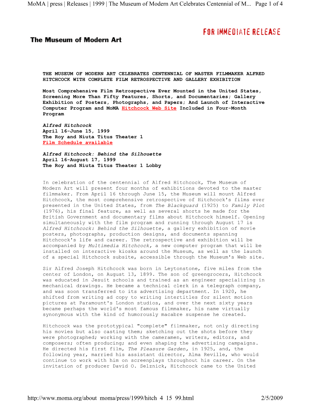 Page 1 of 4 Moma | Press | Releases | 1999 | the Museum of Modern Art