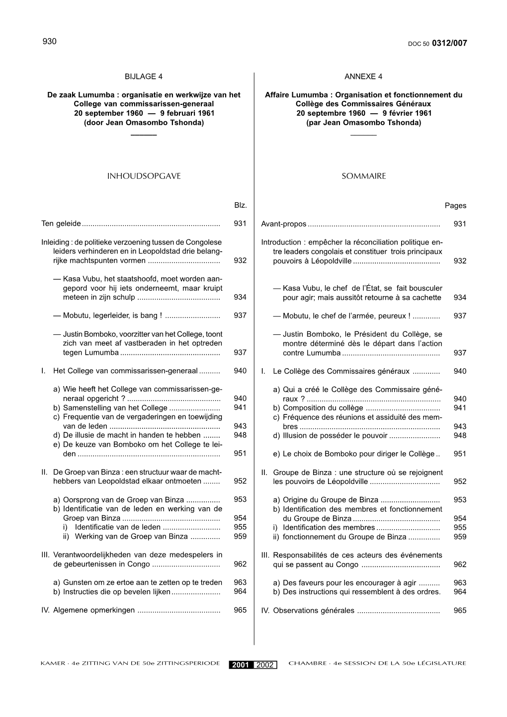 930 Doc 50 0312/007 Inhoudsopgave Sommaire