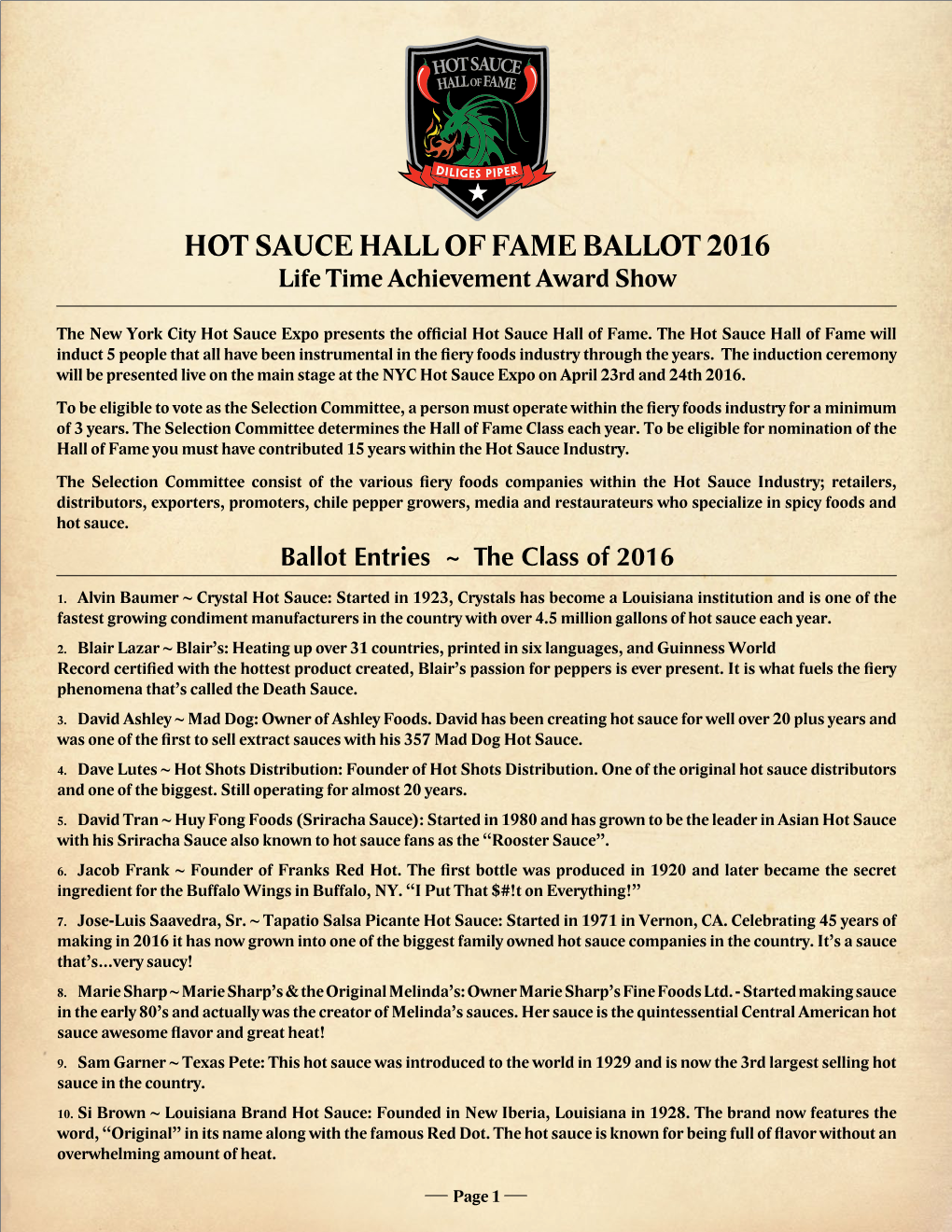 HOT SAUCE HALL of FAME BALLOT 2016 Life Time Achievement Award Show