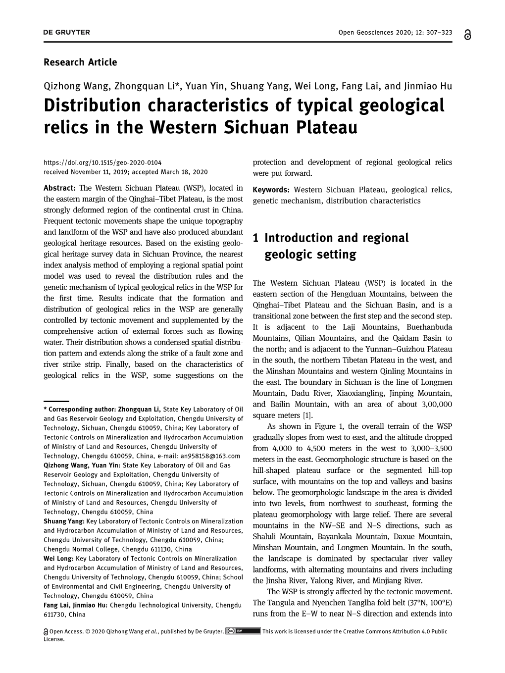 Distribution Characteristics of Typical Geological Relics in the Western Sichuan Plateau