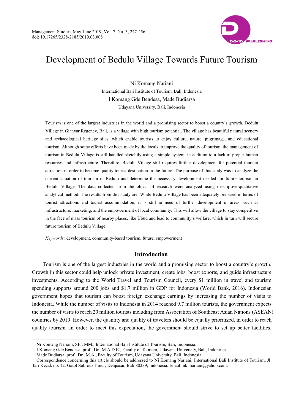 Development of Bedulu Village Towards Future Tourism