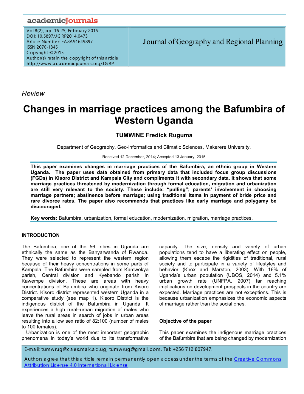 Changes in Marriage Practices Among the Bafumbira of Western Uganda