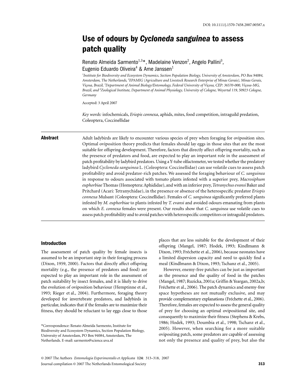 Use of Odours by Cycloneda Sanguinea to Assess Patch Quality