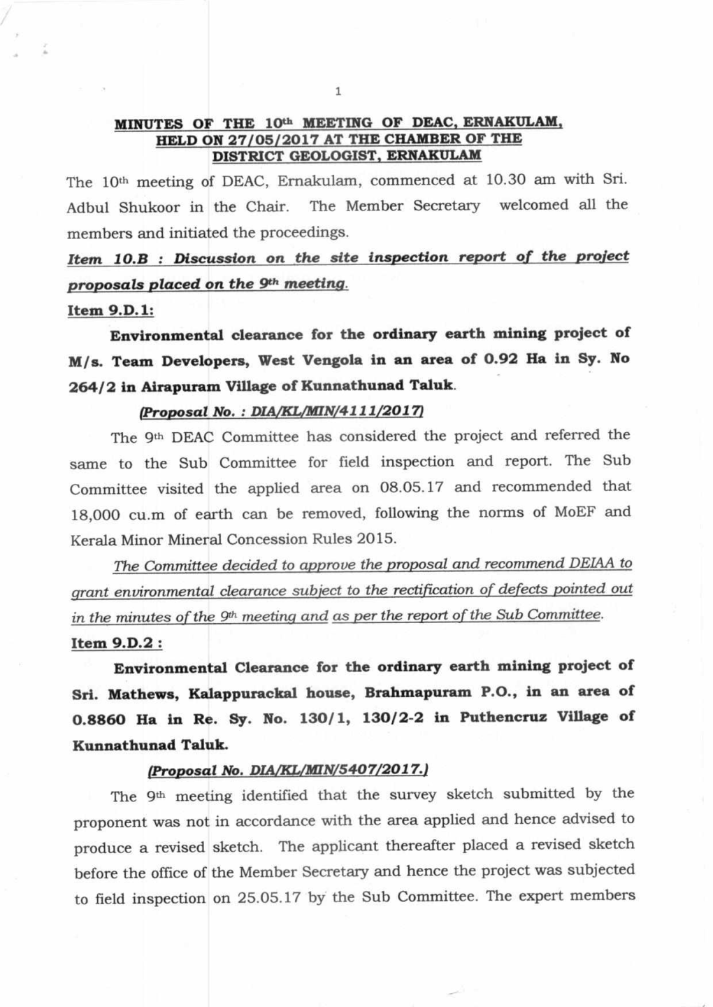 MINUTES of the Loth MEETING of DEAC, ERNAKULAM, HELD on 27