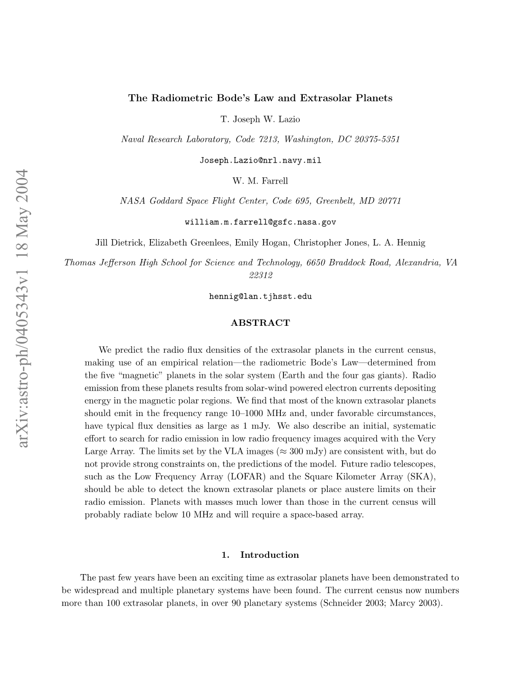 The Radiometric Bode's Law and Extrasolar Planets