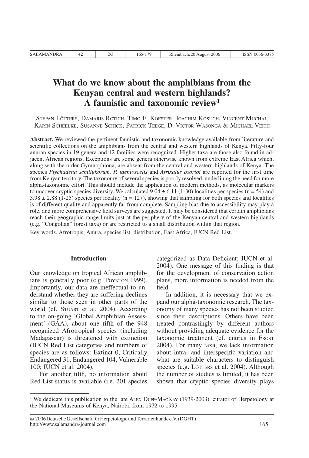 What Do We Know About the Amphibians from the Kenyan Central and Western Highlands? a Faunistic and Taxonomic Review1