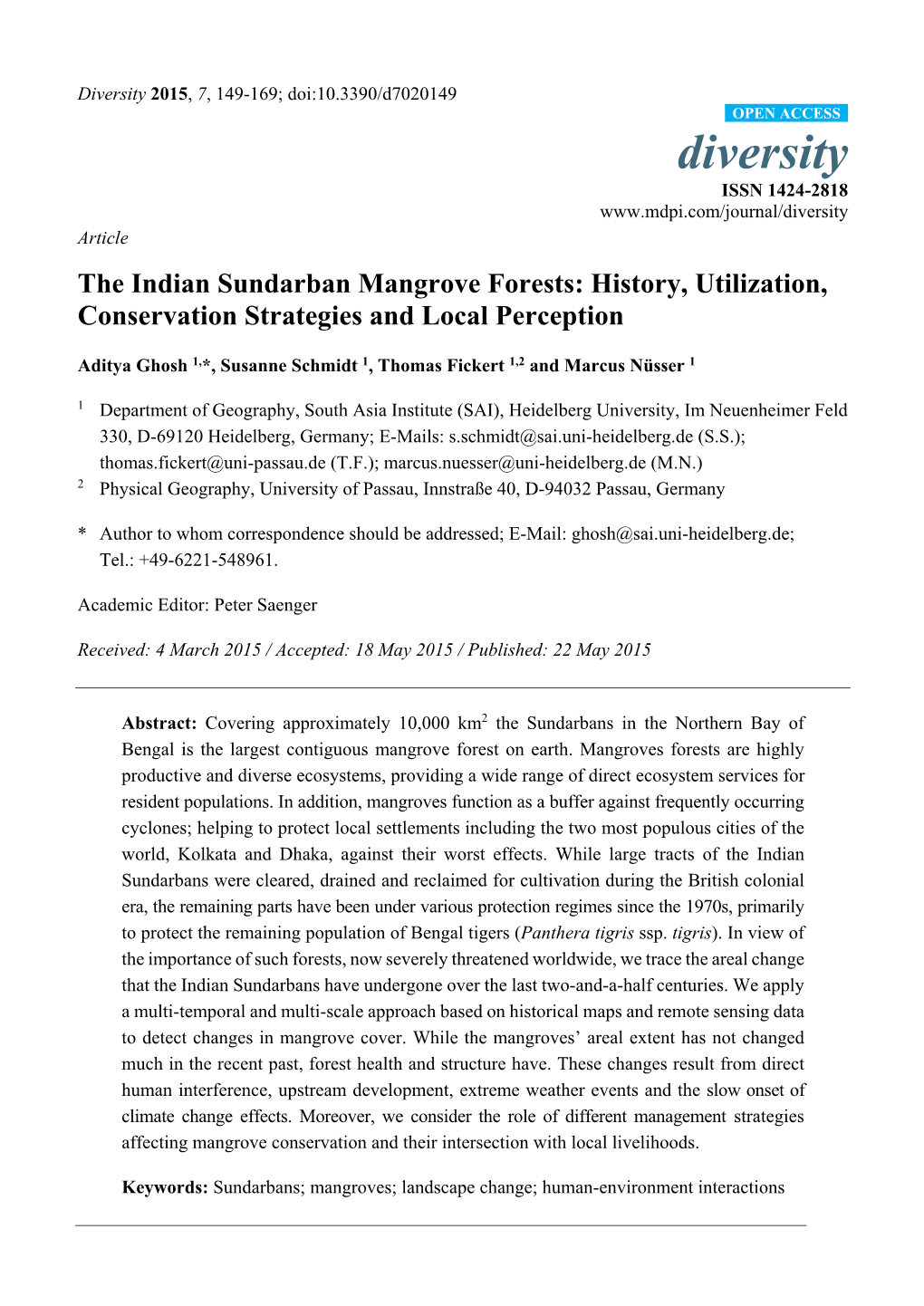 The Indian Sundarban Mangrove Forests: History, Utilization, Conservation Strategies and Local Perception