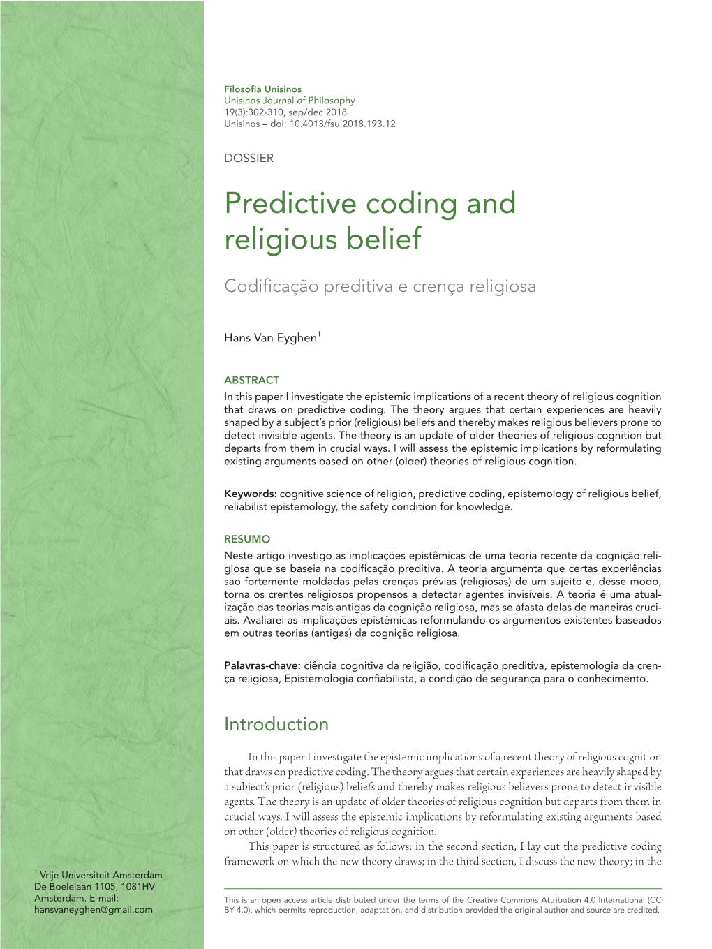 Predictive Coding and Religious Belief