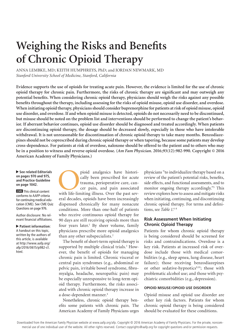 Weighing the Risks and Benefits of Chronic Opioid Therapy