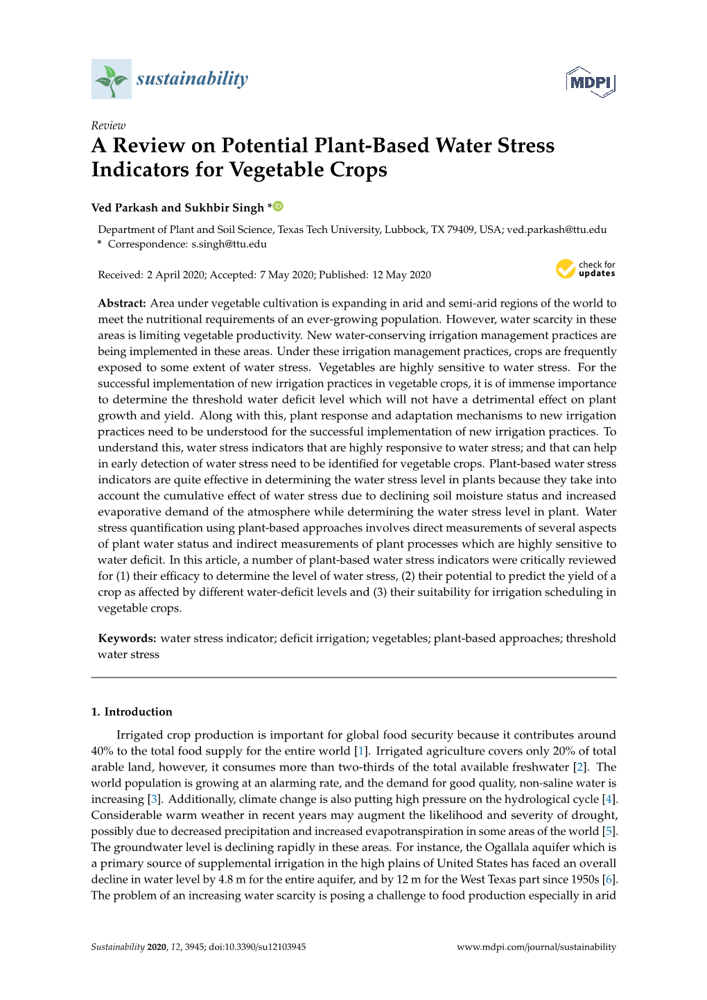 A Review on Potential Plant-Based Water Stress Indicators for Vegetable Crops