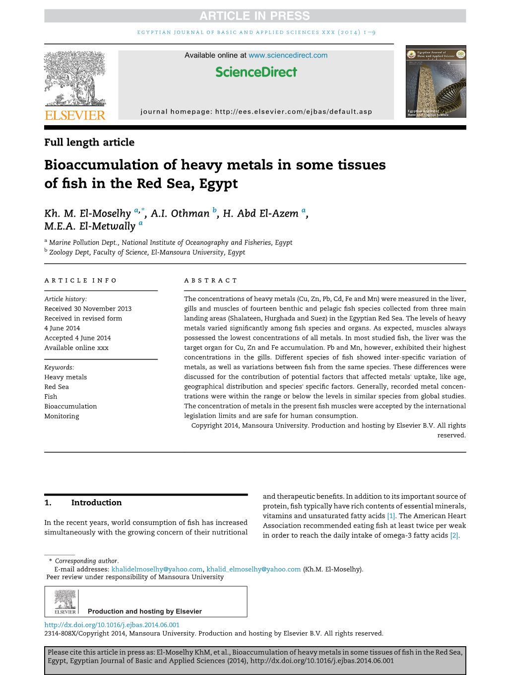 Bioaccumulation of Heavy Metals in Some Tissues of Fish in the Red Sea