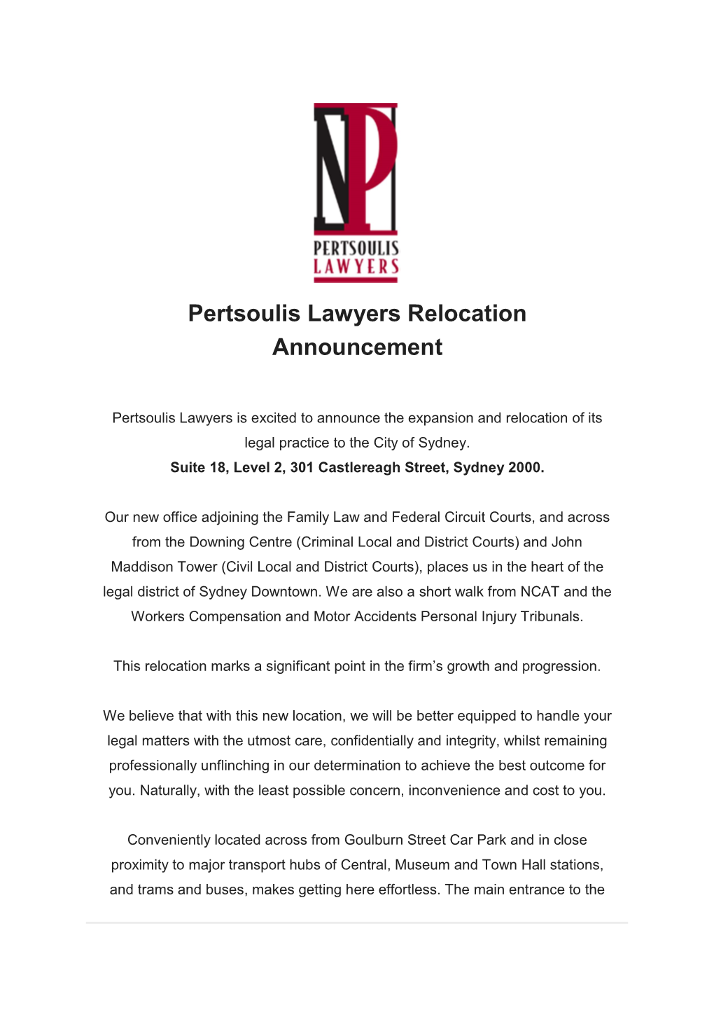 Pertsoulis Lawyers Relocation Announcement