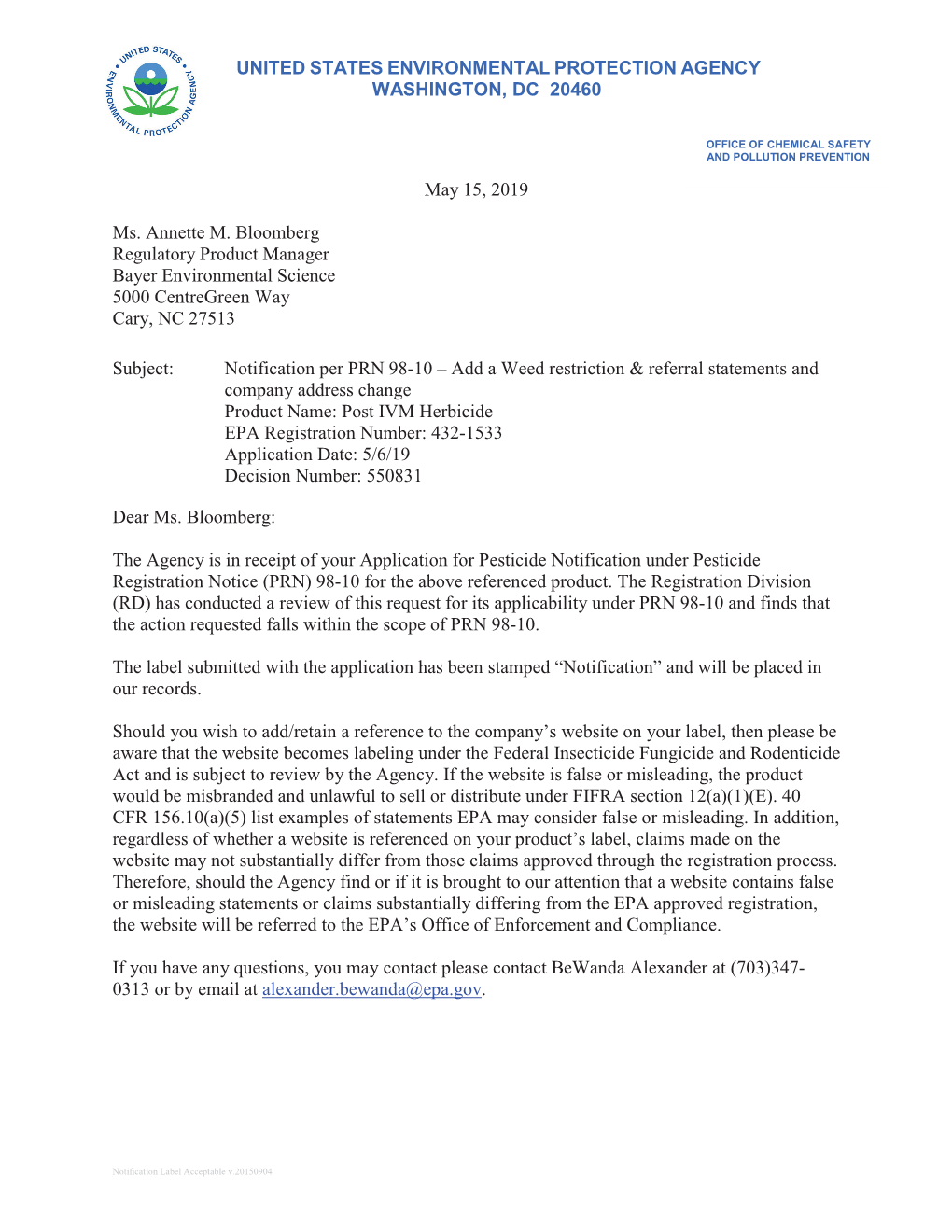 US EPA, Pesticide Product Label, POST IVM HERBICIDE,05/15/2019