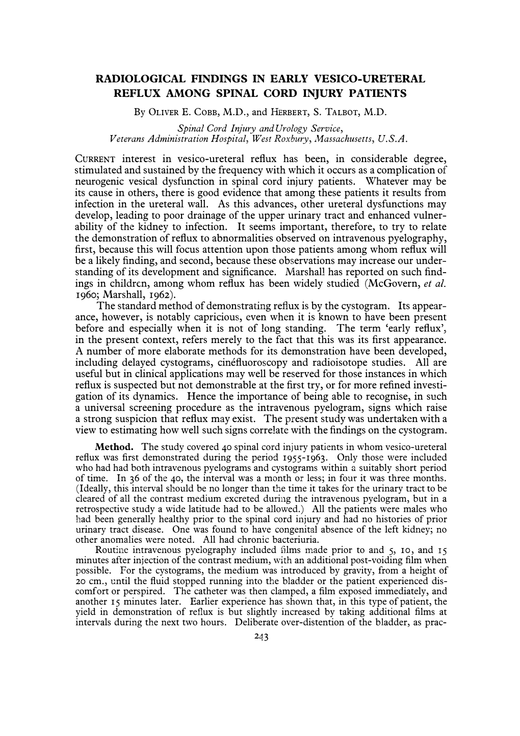 Radiological Findings in Early Vesico-Ureteral Reflux Among Spinal Cord Injury Patients