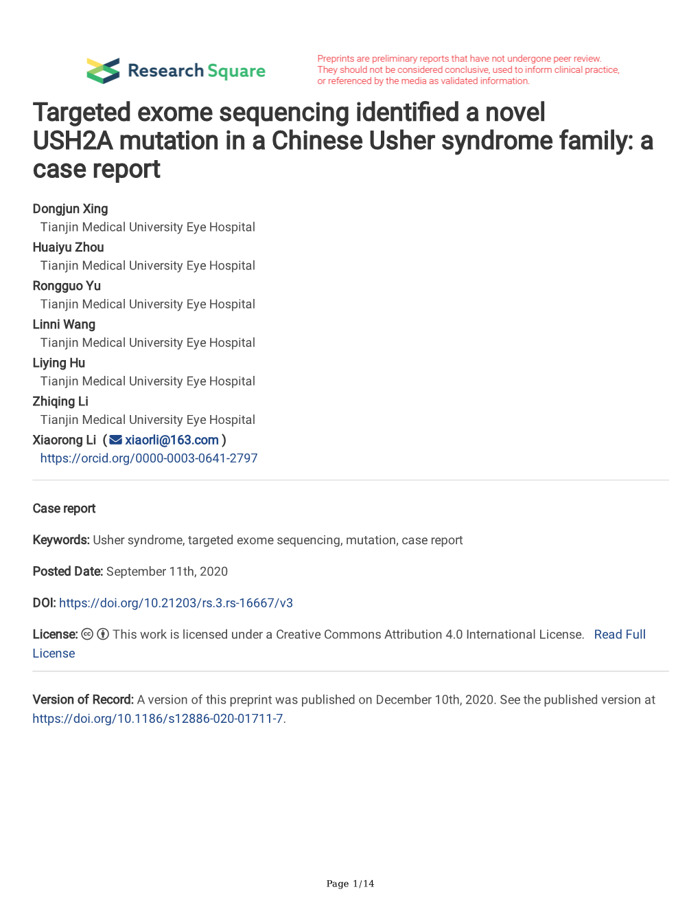 Targeted Exome Sequencing Identi Ed a Novel USH2A