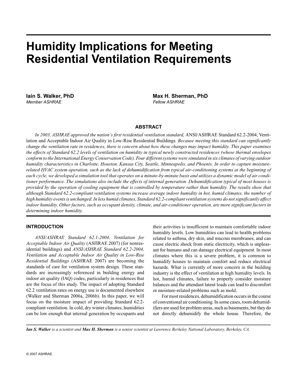 Humidity Implications for Meeting Residential Ventilation Requirements