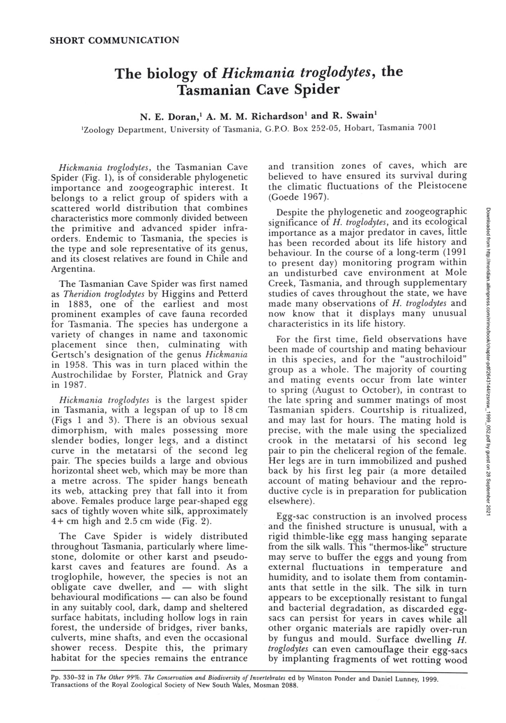 The Biology of Hickmania Troglodytes, the Tasmanian Cave Spider