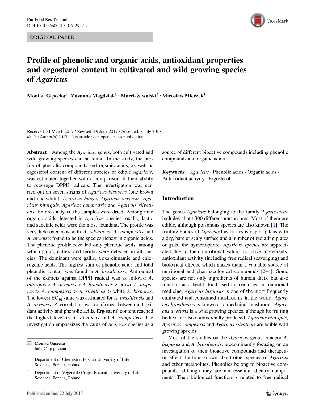 Profile of Phenolic and Organic Acids, Antioxidant Properties and Ergosterol Content in Cultivated and Wild Growing Species of A