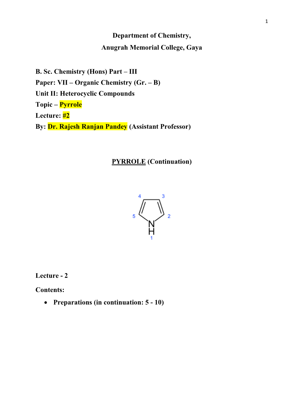 (Hons) Part – III Paper: VII – Organic Chemistry (Gr