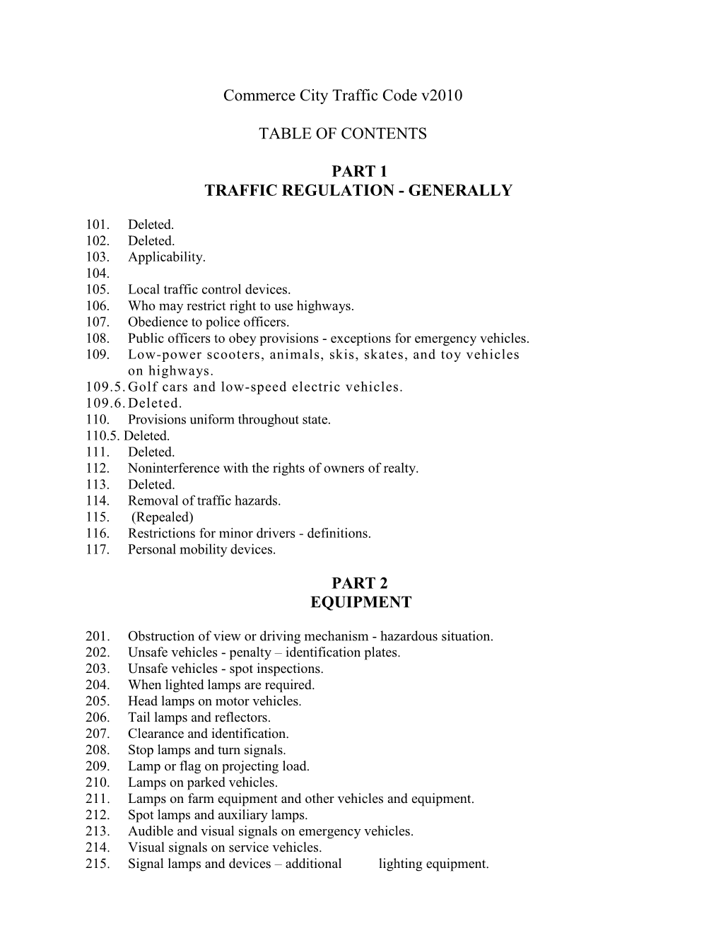 Commerce City Traffic Code V2010 TABLE of CONTENTS PART 1