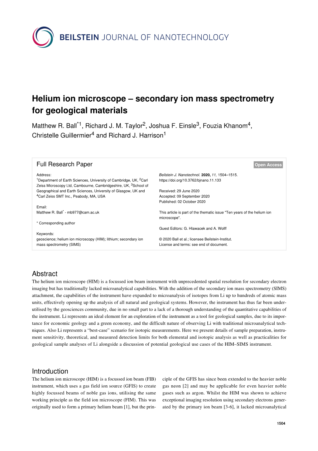 Helium Ion Microscope – Secondary Ion Mass Spectrometry for Geological Materials