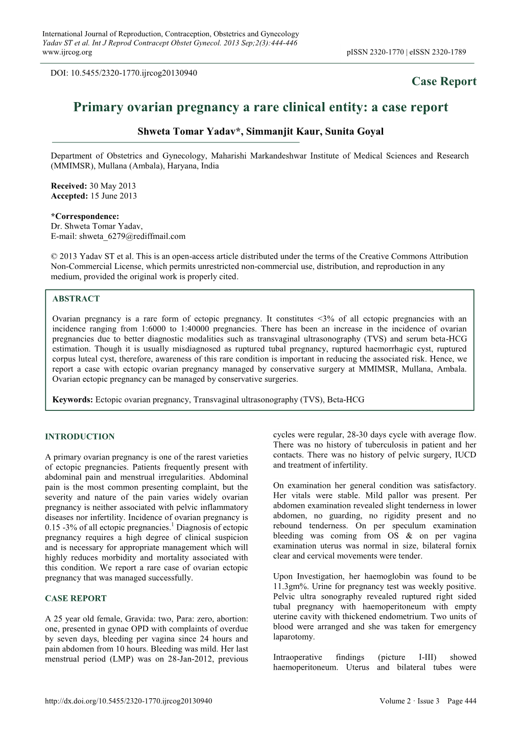 Primary Ovarian Pregnancy a Rare Clinical Entity: a Case Report