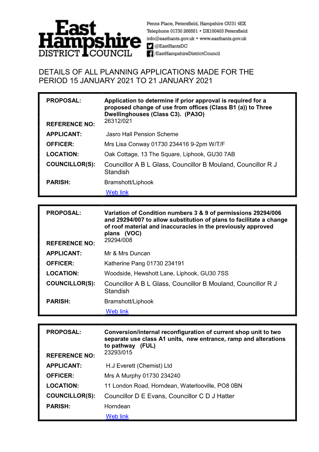 Details of All Planning Applications Made for the Period 15 January 2021 to 21 January 2021