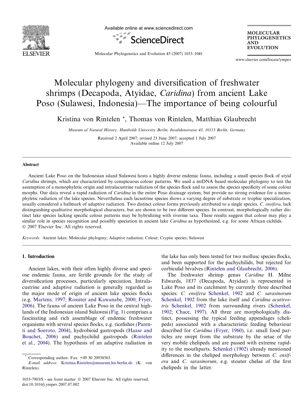 Molecular Phylogeny and Diversification of Freshwater Shrimps