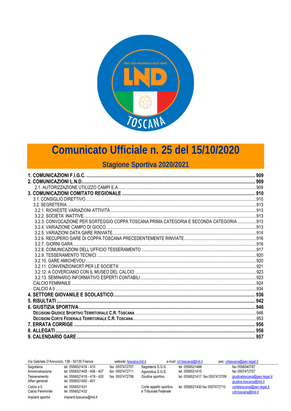 Comunicato Ufficiale N. 25 Del 15/10/2020