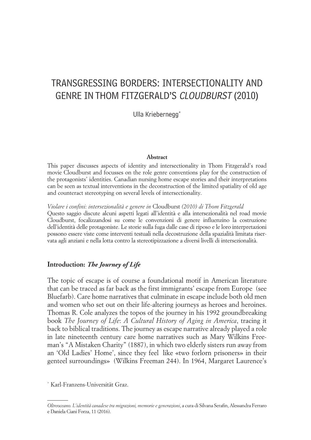 Intersectionality and Genre in Thom Fitzgerald's Cloudburst (2010)