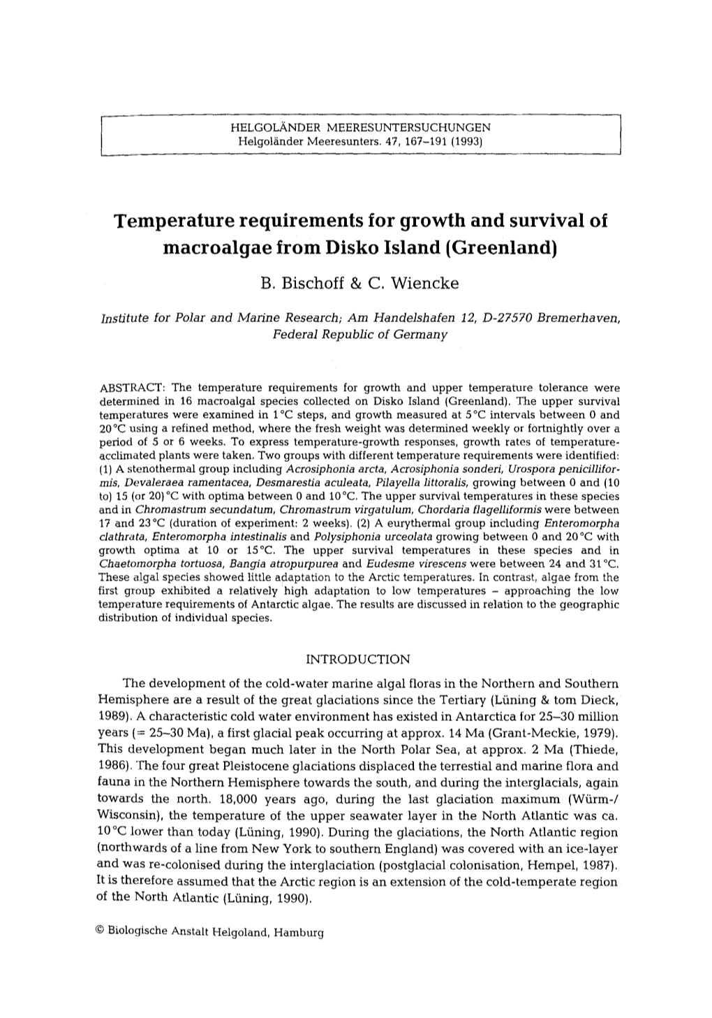 Temperature Requirements for Growth and Survival of Macroalgae from Disko Island (Greenland) B