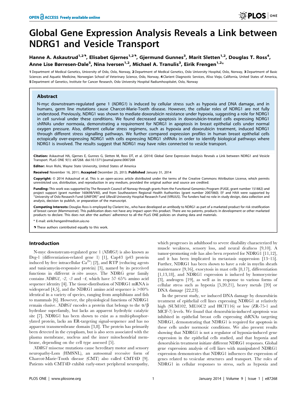 Global Gene Expression Analysis Reveals a Link Between NDRG1 and Vesicle Transport