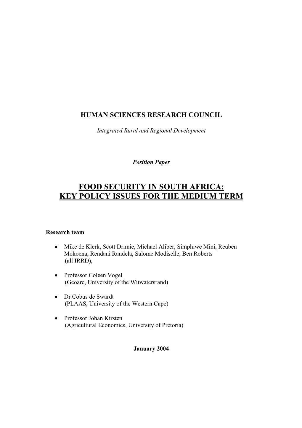 Food Security in South Africa: Key Policy Issues for the Medium Term