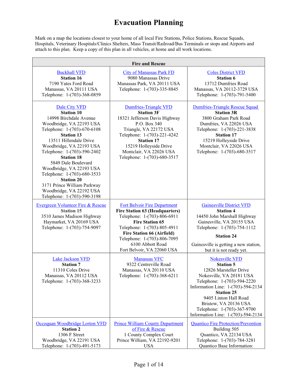 Evacuation Planning Emergency Preparedness Worksheet