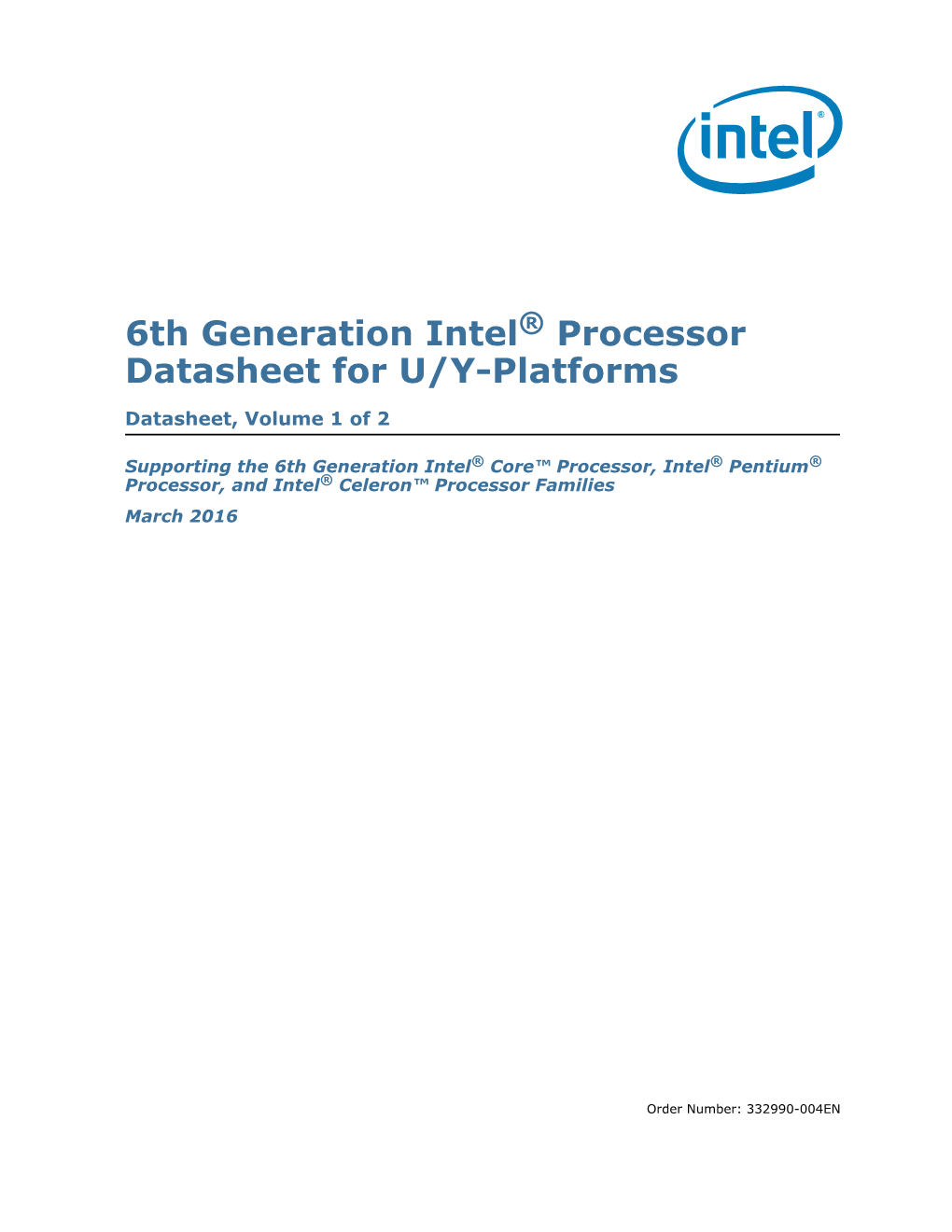 6Th Generation Intel® Processor Datasheet for U/Y-Platforms