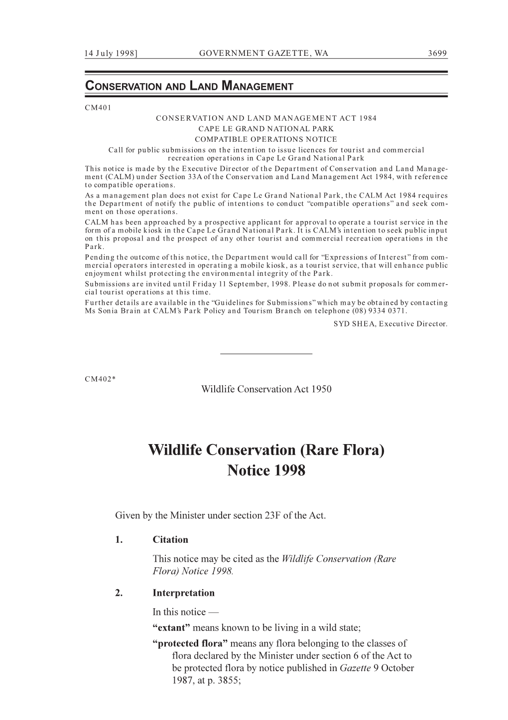 Wildlife Conservation (Rare Flora) Notice 1998