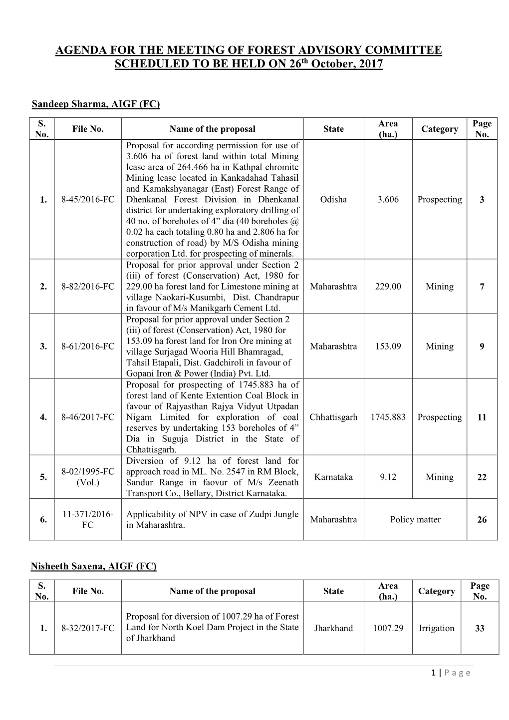 AGENDA for the MEETING of FOREST ADVISORY COMMITTEE SCHEDULED to BE HELD on 26Th October, 2017