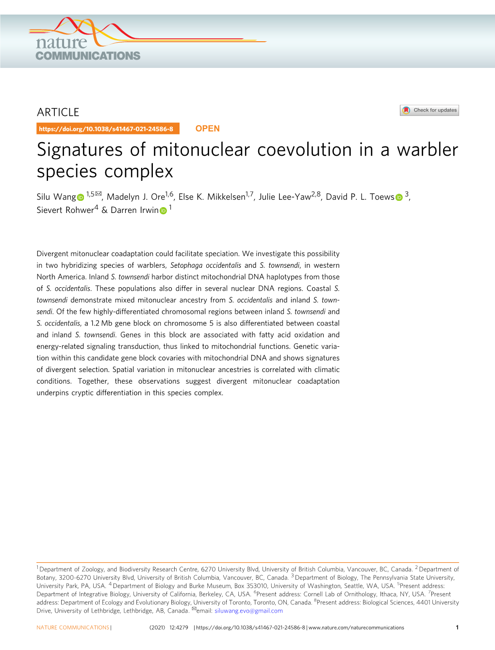 Signatures of Mitonuclear Coevolution in a Warbler Species Complex ✉ Silu Wang 1,5 , Madelyn J
